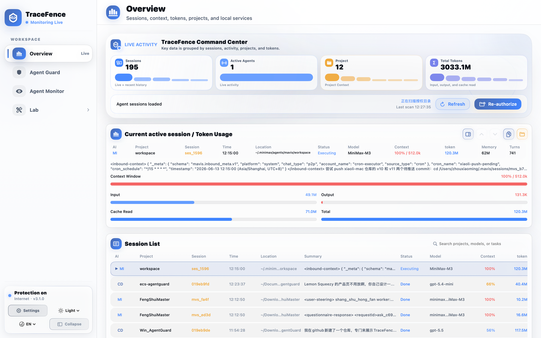 TraceFence sanitized command center screenshot